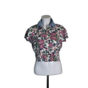 Vintage Lajate Button Up Collared Crop Tee Shirt Floral Flowers Womens Large